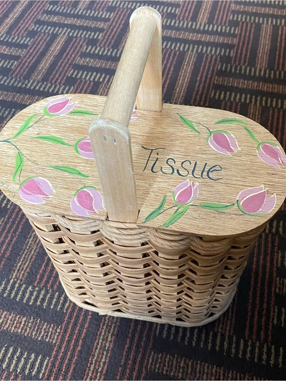 Woven Bathroom Tissue Holder Basket with Lid - Hand Painted Tulips Vintage 1994